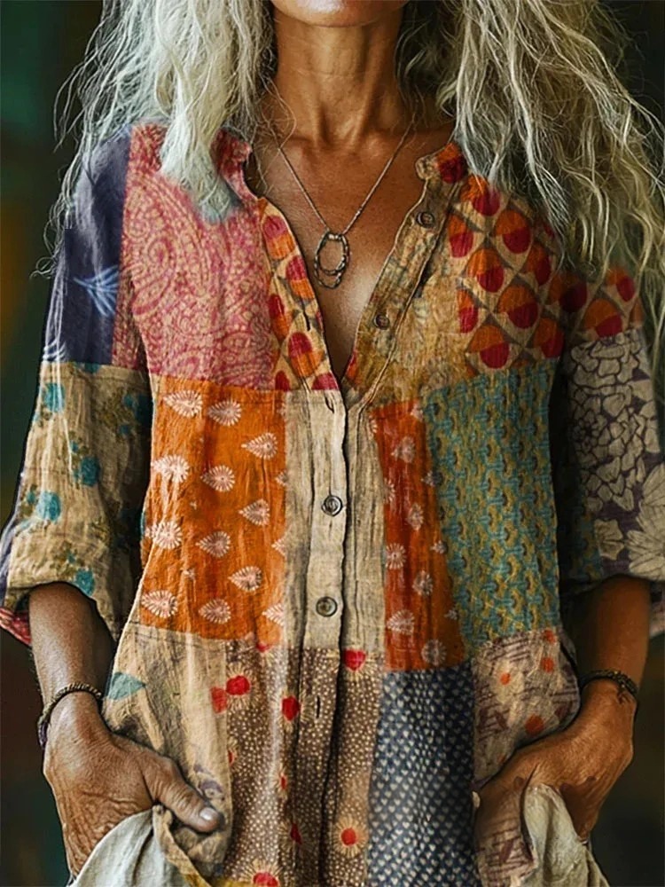 Women's Vintage Floral Patchwork Pattern Artistic Print Button V-neck 
