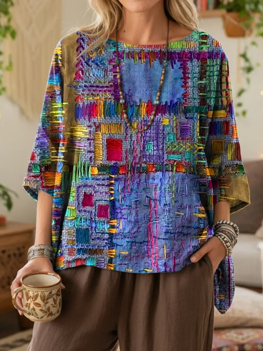 Ethnicity Geometry Texture Women's Print Casual Cotton And Linen Shirt