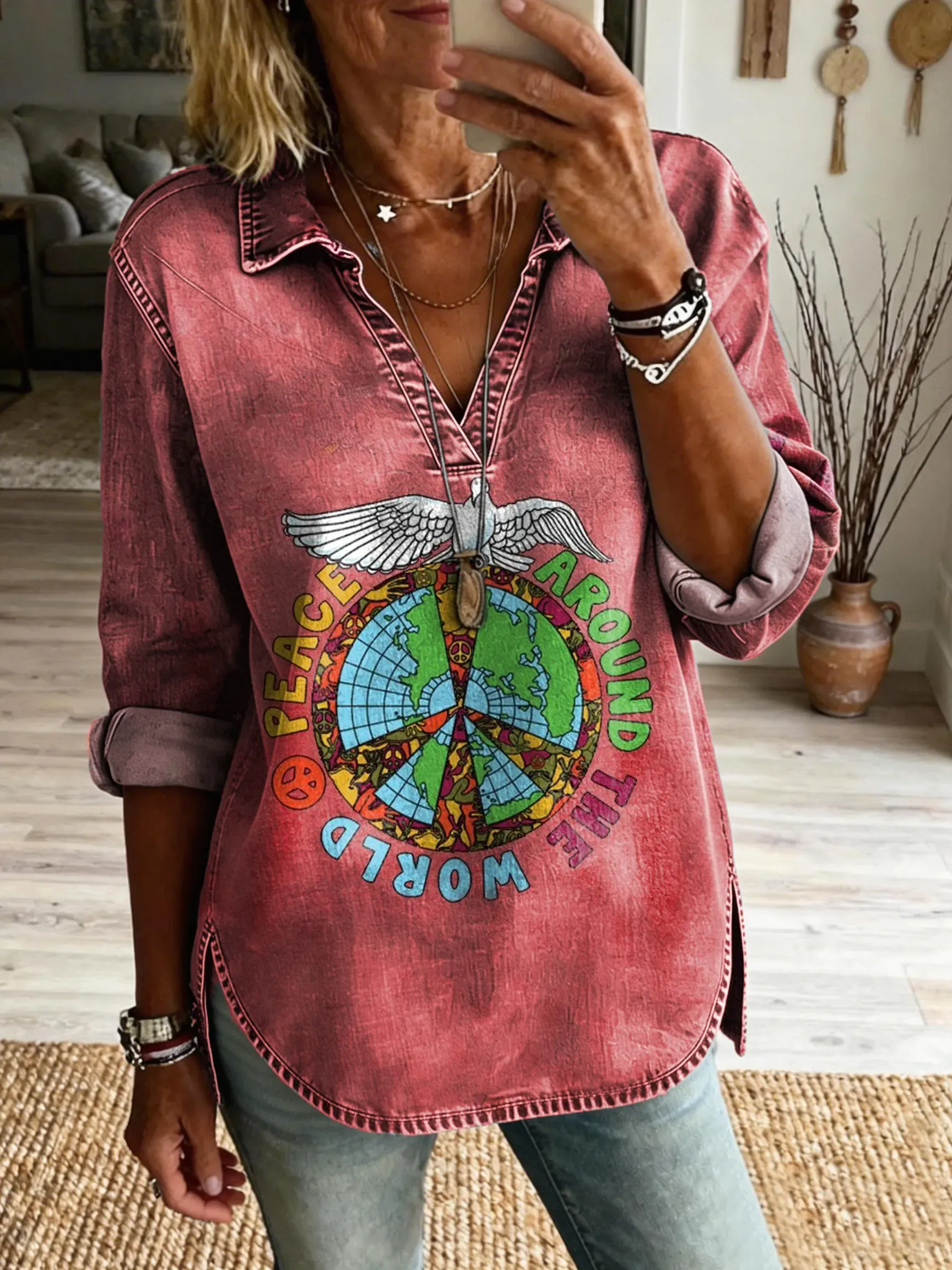 Women's Retro Hippie Peace Dove Art Print Casual Lapel Washed Cotton Denim Top