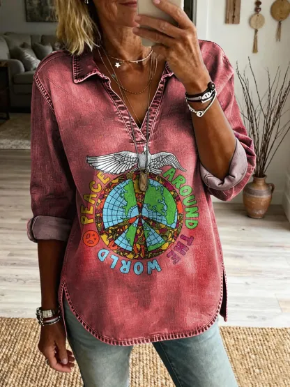 Women's Retro Hippie Peace Dove Art Print Casual Lapel Washed Cotton Denim Top