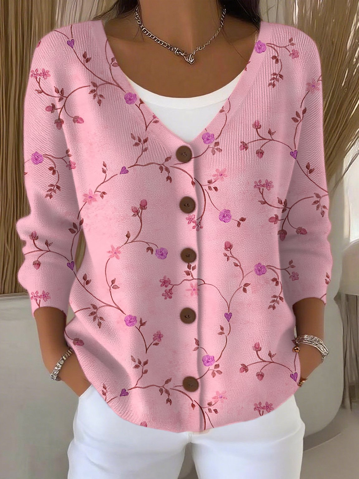 Women's Casual Retro Plant Pattern Ribbed Cardigan