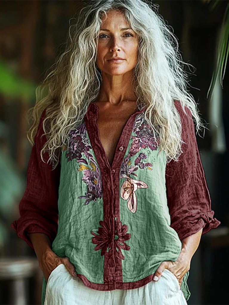 Bohemian Style Linen Floral Art Print  Long Sleeve Shirt