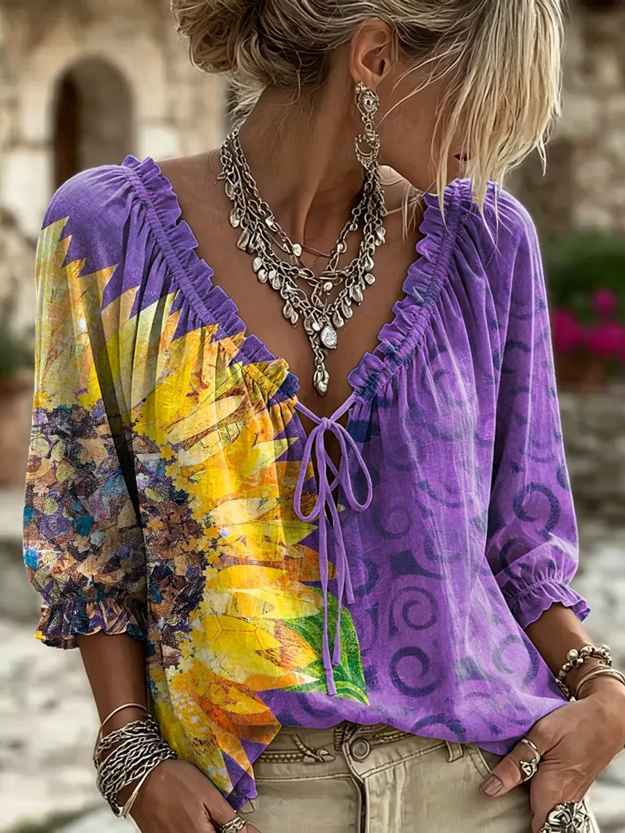 Women's Retro Ethnic Floral Color Block Art Print Casual Long-sleeve V-neck Ruffled Cotton Shirt