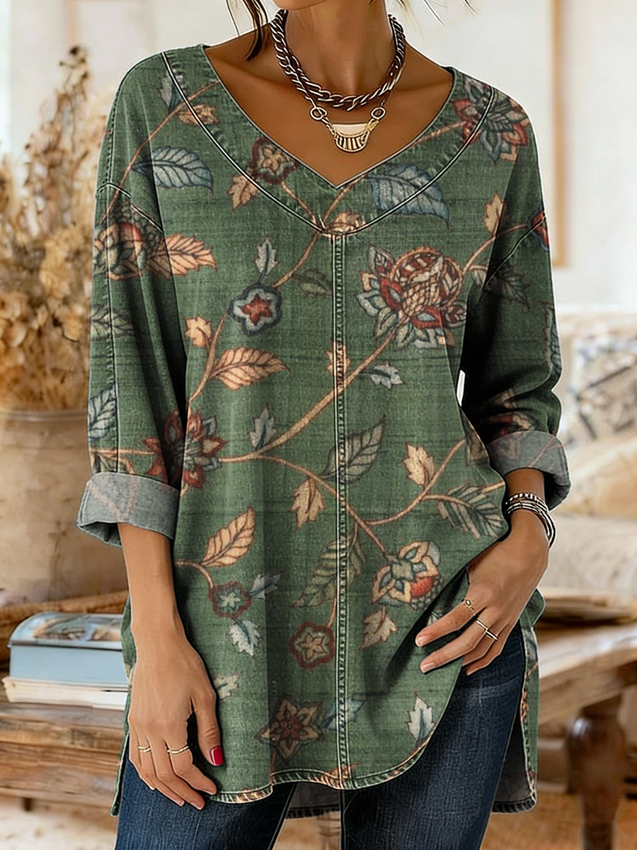 Women's Retro Ethnic Floral Art Print Casual Long-Sleeve V-Neck Washed Cotton Denim Top