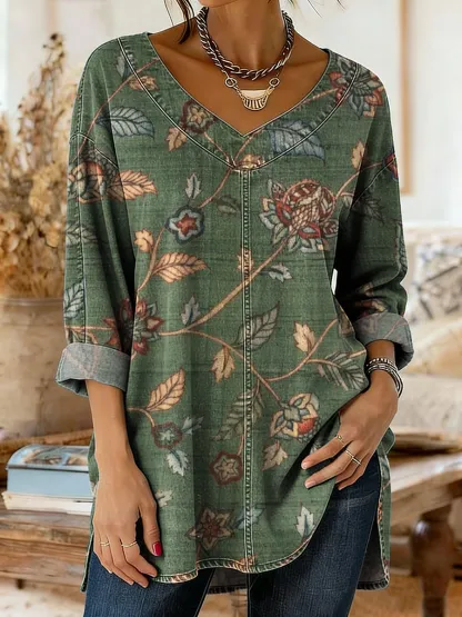 Women's Retro Ethnic Floral Art Print Casual Long-Sleeve V-Neck Washed Cotton Denim Top