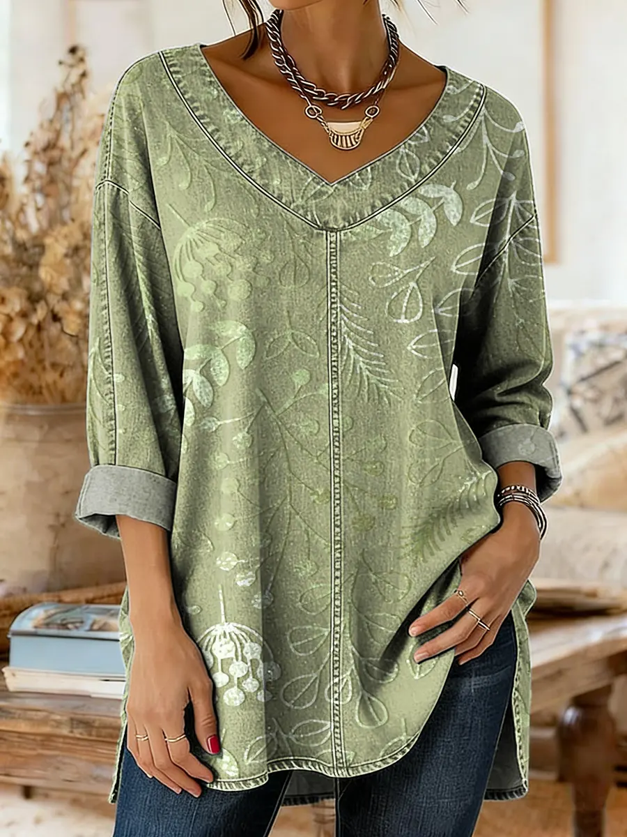 Women's Floral Art Print Casual Washed Denim Cotton Top