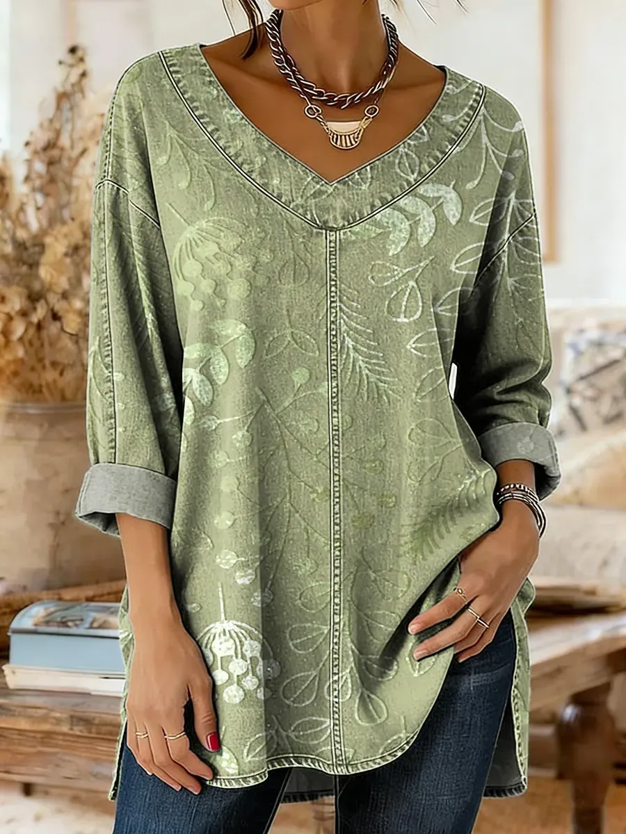 Women's Floral Art Print Casual Washed Denim Cotton Top