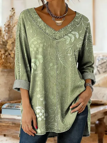 Women's Floral Art Print Casual Washed Denim Cotton Top