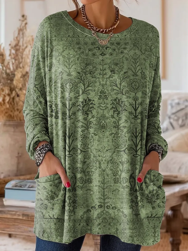 Women's Retro Ethnic Art Print Casual Long-Sleeve Round Neck Cotton T-Shirt