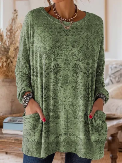 Women's Retro Ethnic Art Print Casual Long-Sleeve Round Neck Cotton T-Shirt