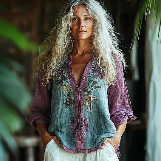 Bohemian Style Linen Floral Art Print  Long Sleeve Shirt
