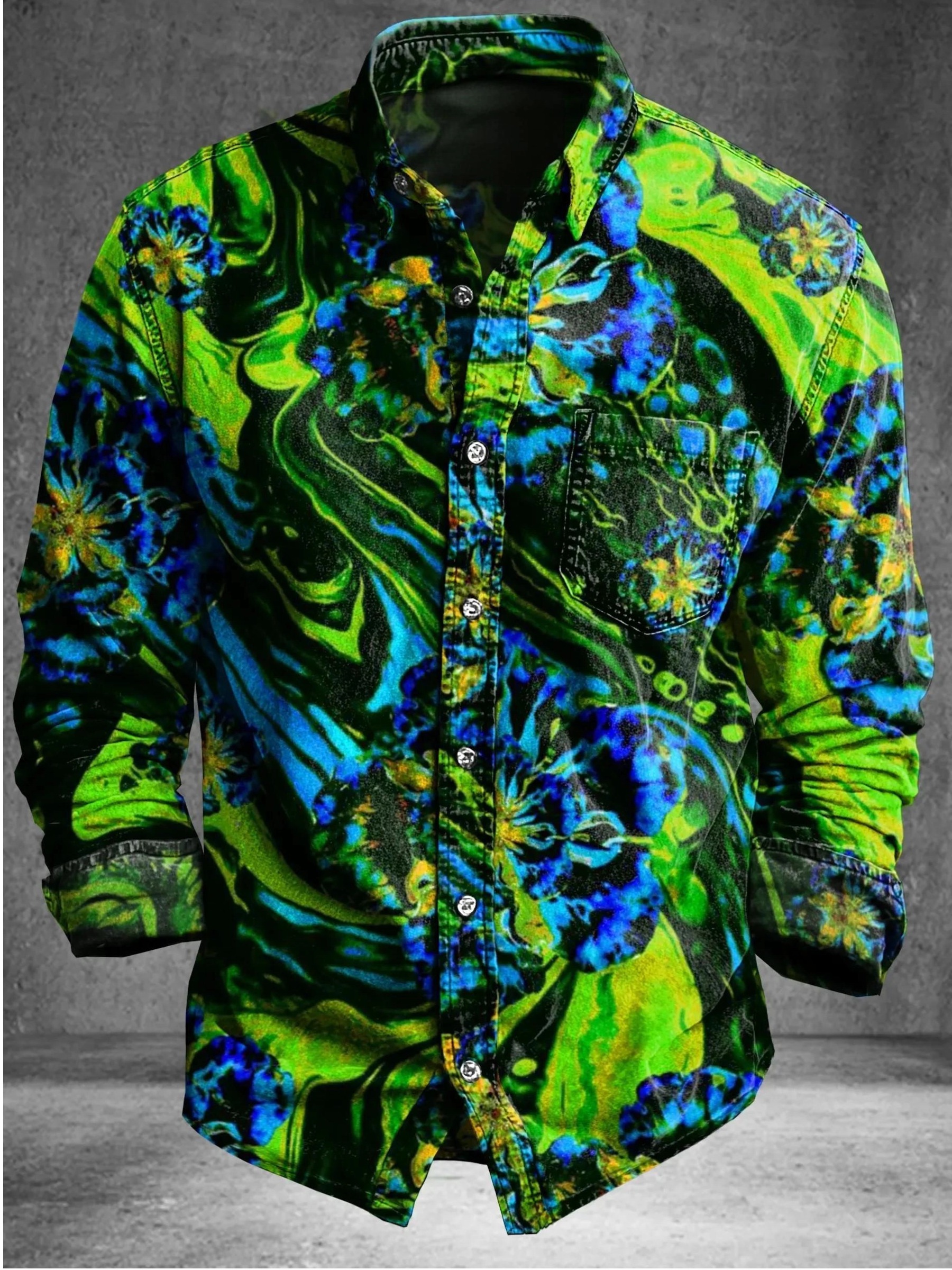 Vintage Abstract Blue And Green Floral Totem Art Print 100% Cotton Long Sleeve Shirt