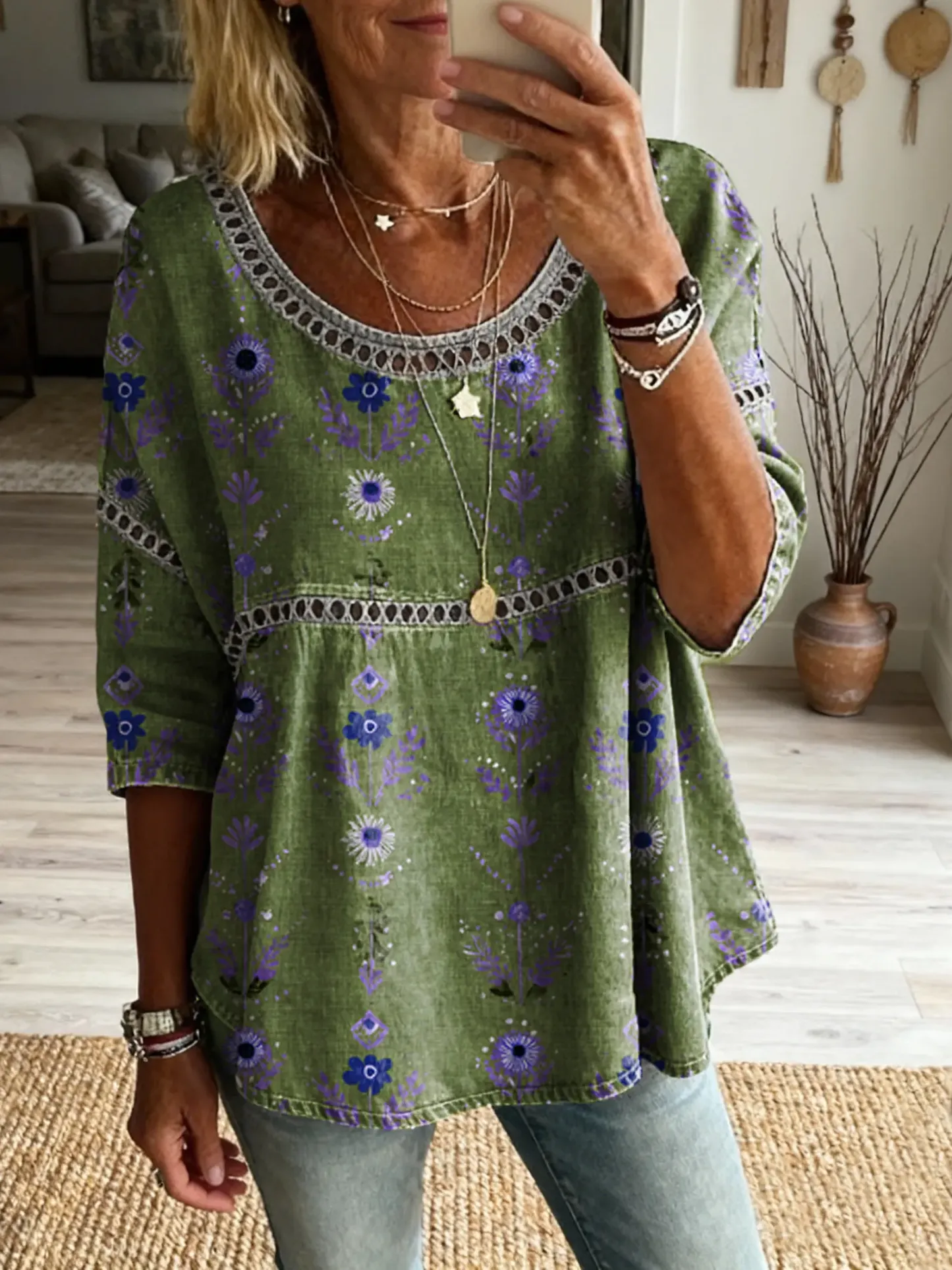 Women's Floral Pattern Art Print Casual Round Neck Lace-up Top