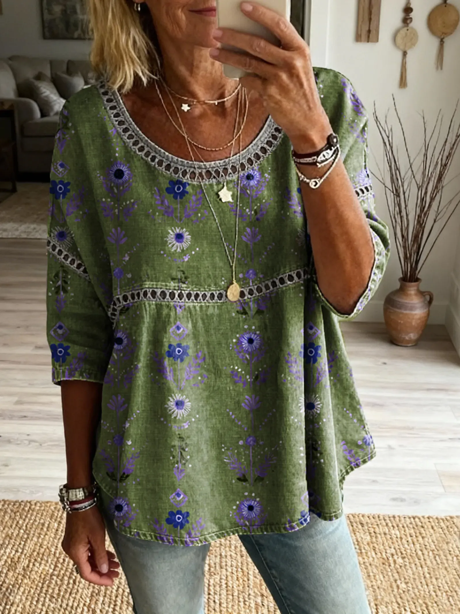 Women's Floral Pattern Art Print Casual Round Neck Lace-up Top