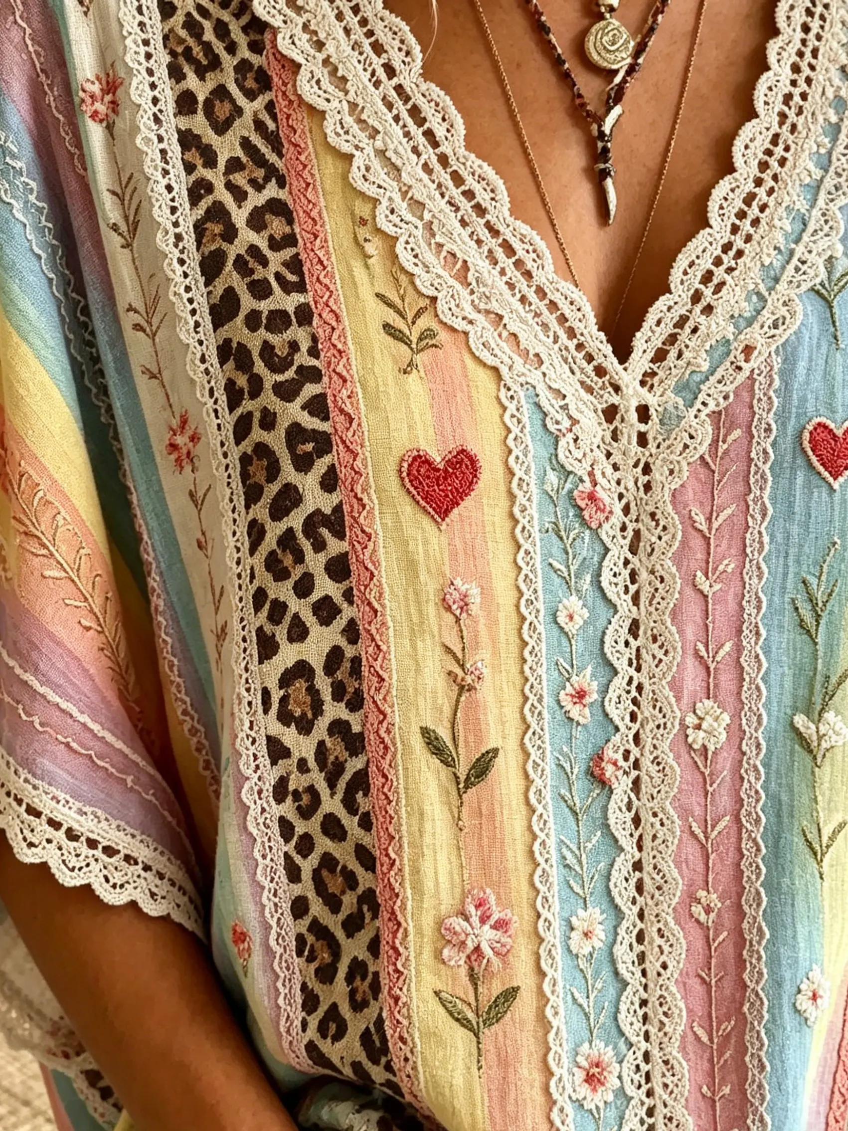 Women's Rainbow Stripe Leopard Print Lace Cotton Kimono Blouse
