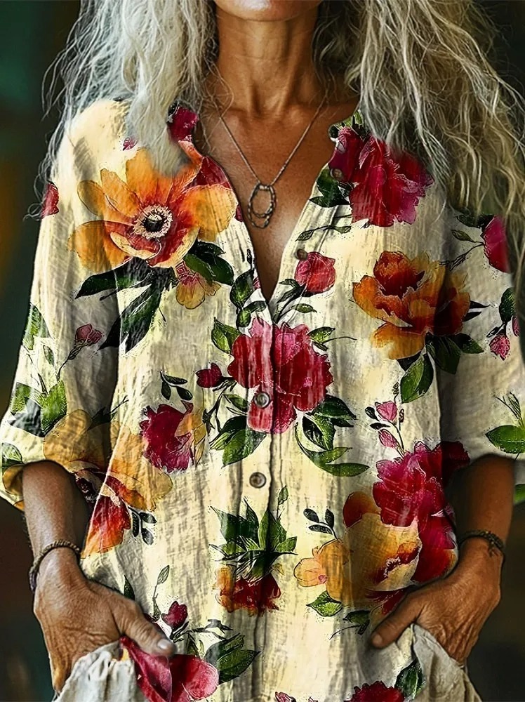 Women's Retro Style Flowers Print Casual Cotton Linen Shirt