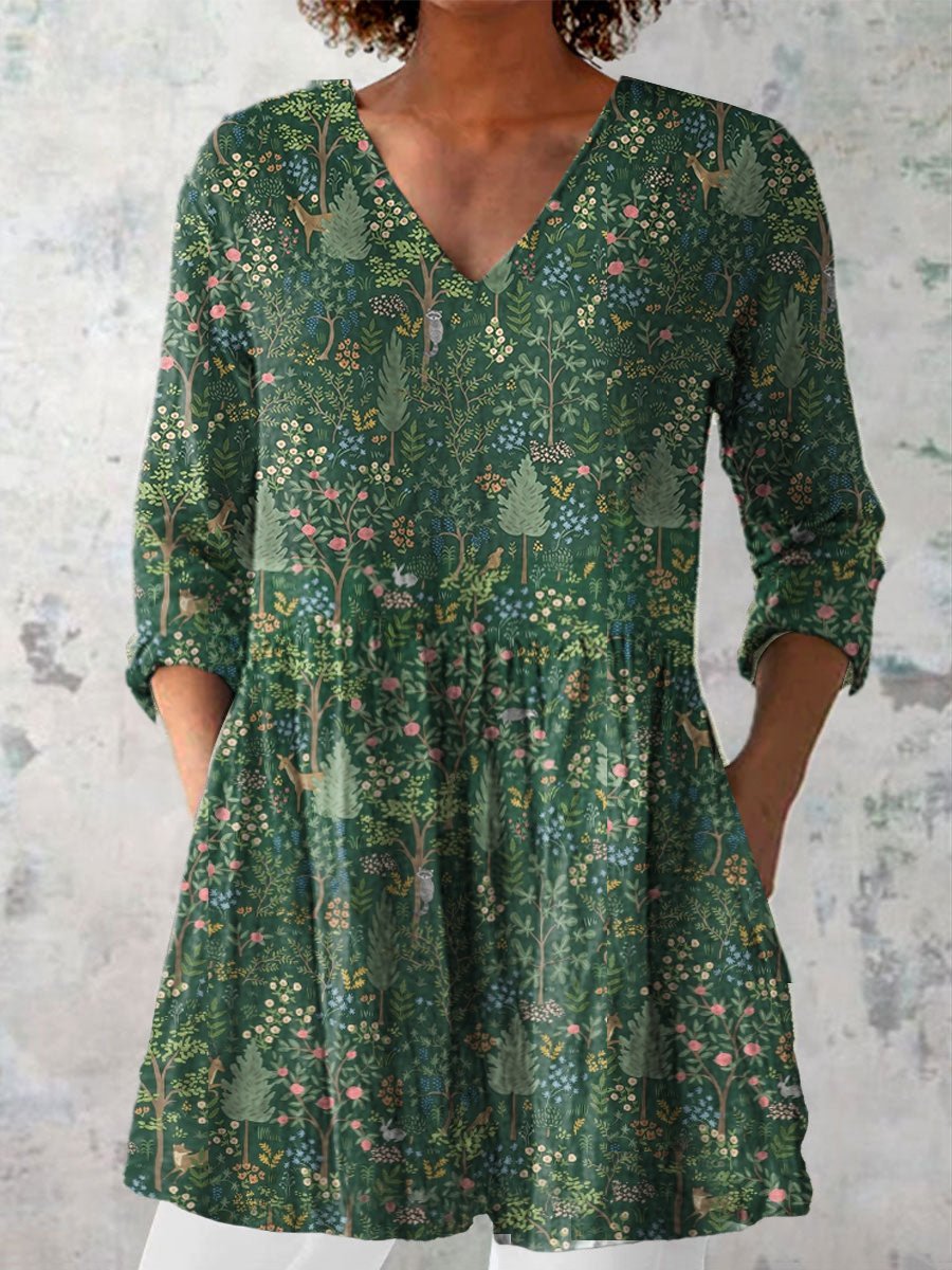 Women's Casual Forest Animal Plant Flower Cotton And Linen Shirt