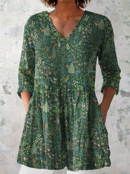 Women's Casual Forest Animal Plant Flower Cotton And Linen Shirt