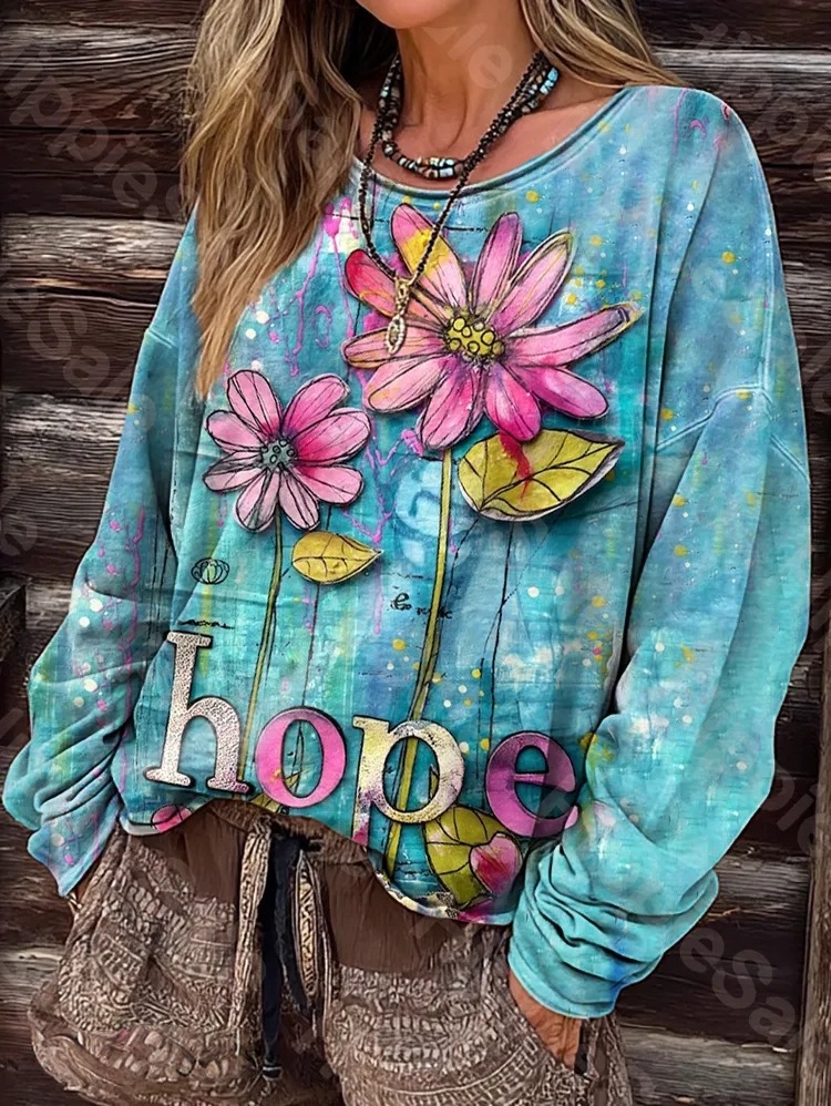 Women's Hope Flower Art Print Casual Long Sleeve T-shirt