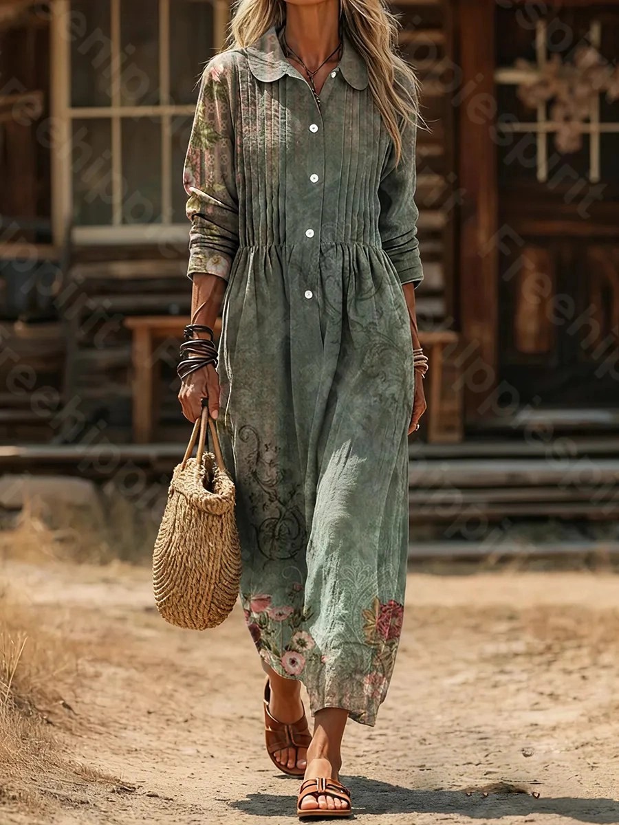 Women's Vintage Floral Art Print Casual Long-Sleeve Cotton-Linen Blend Dress