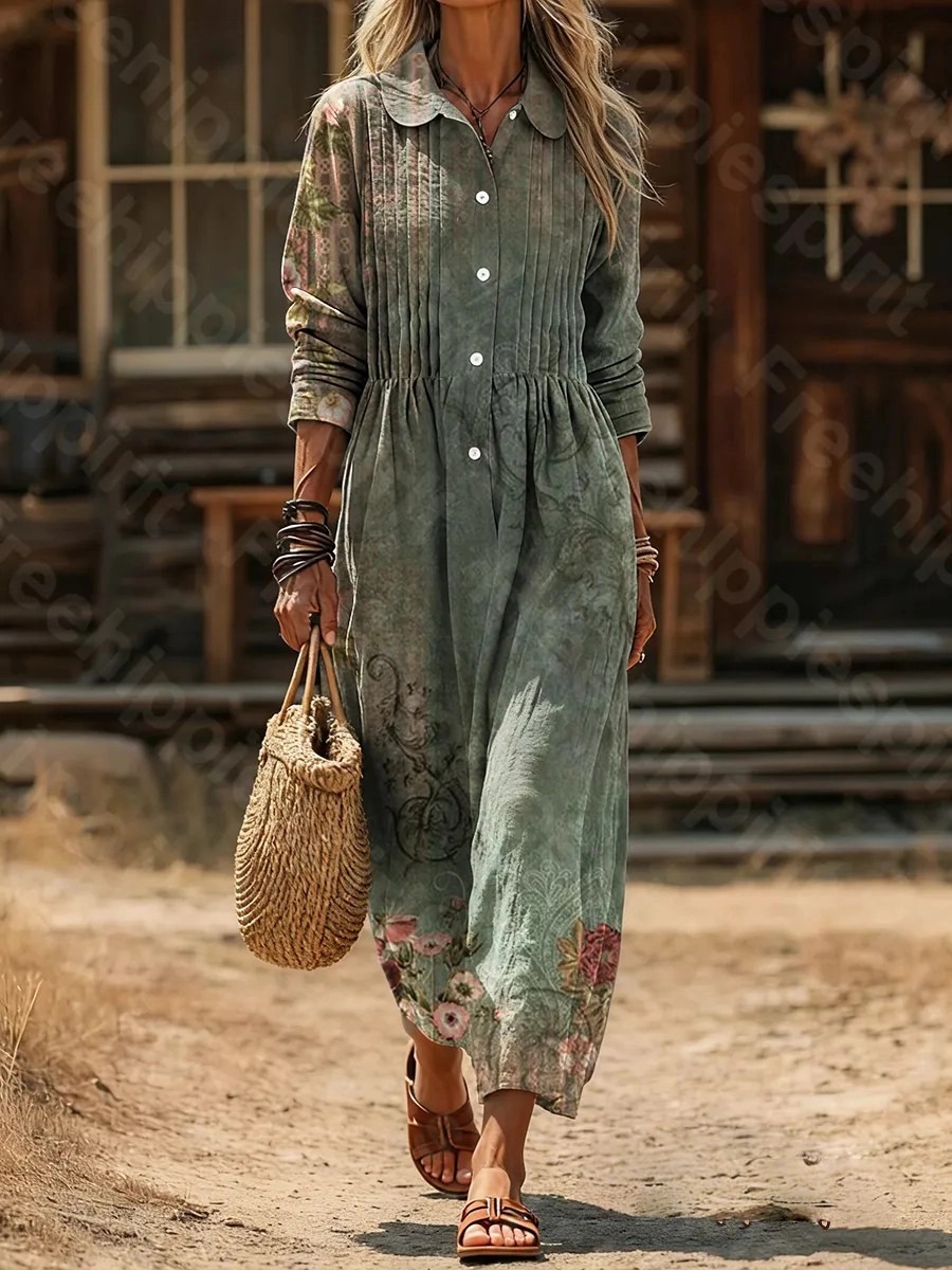 Women's Vintage Floral Art Print Casual Long-Sleeve Cotton-Linen Blend