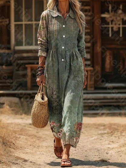 Women's Vintage Floral Art Print Casual Long-Sleeve Cotton-Linen Blend Dress