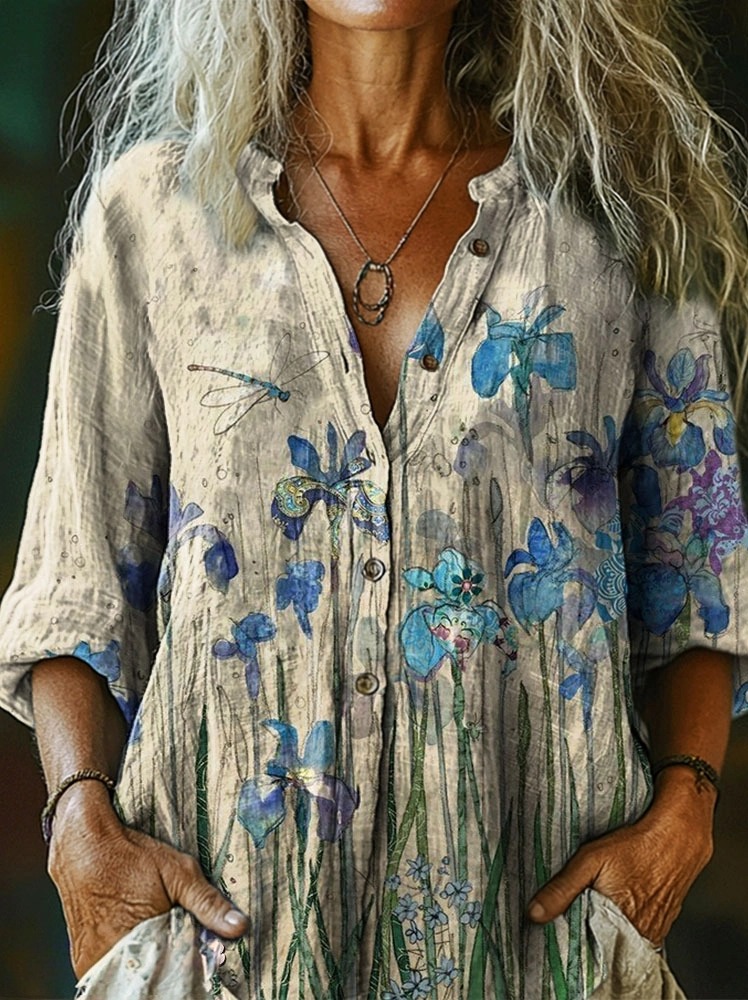 Women's Dragonfly Floral Pattern Art Print Casual Cotton-Linen Shirt