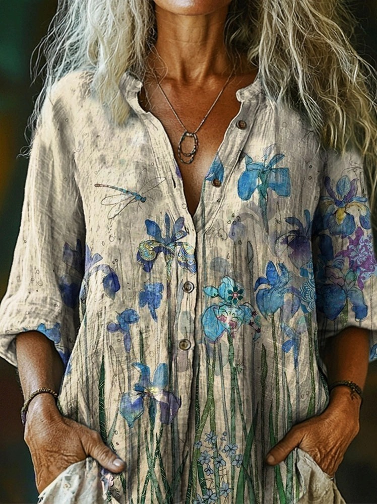Women's Dragonfly Floral Pattern Art Print Casual Cotton-Linen Shirt
