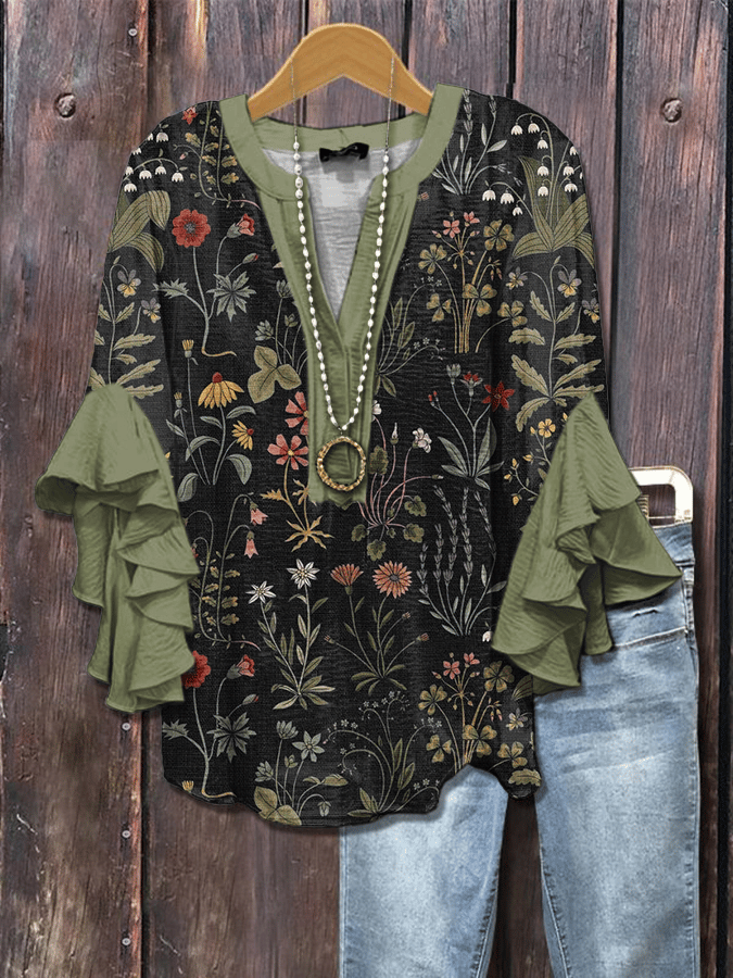 Women's Forest Floral Print V-Neck Ruffle Shirt