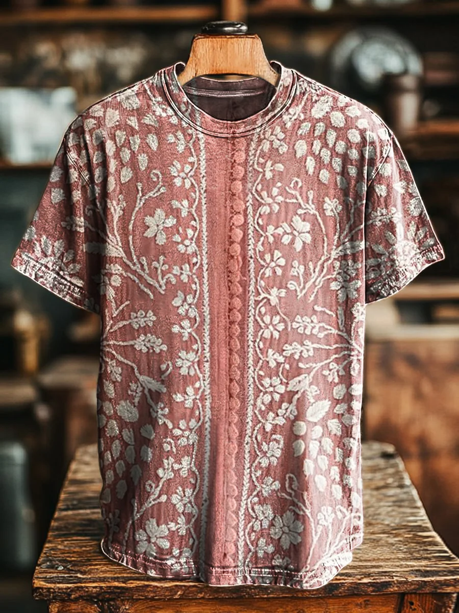 Women's Vintage Ethnic Floral Art Print V-neck Casual T-Shirt