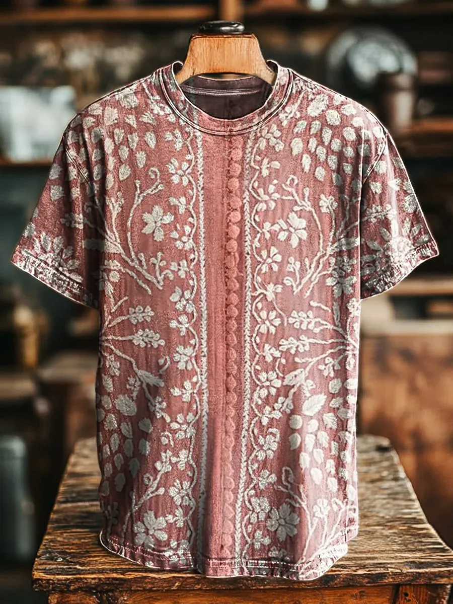 Women's Vintage Ethnic Floral Art Print V-neck Casual T-Shirt