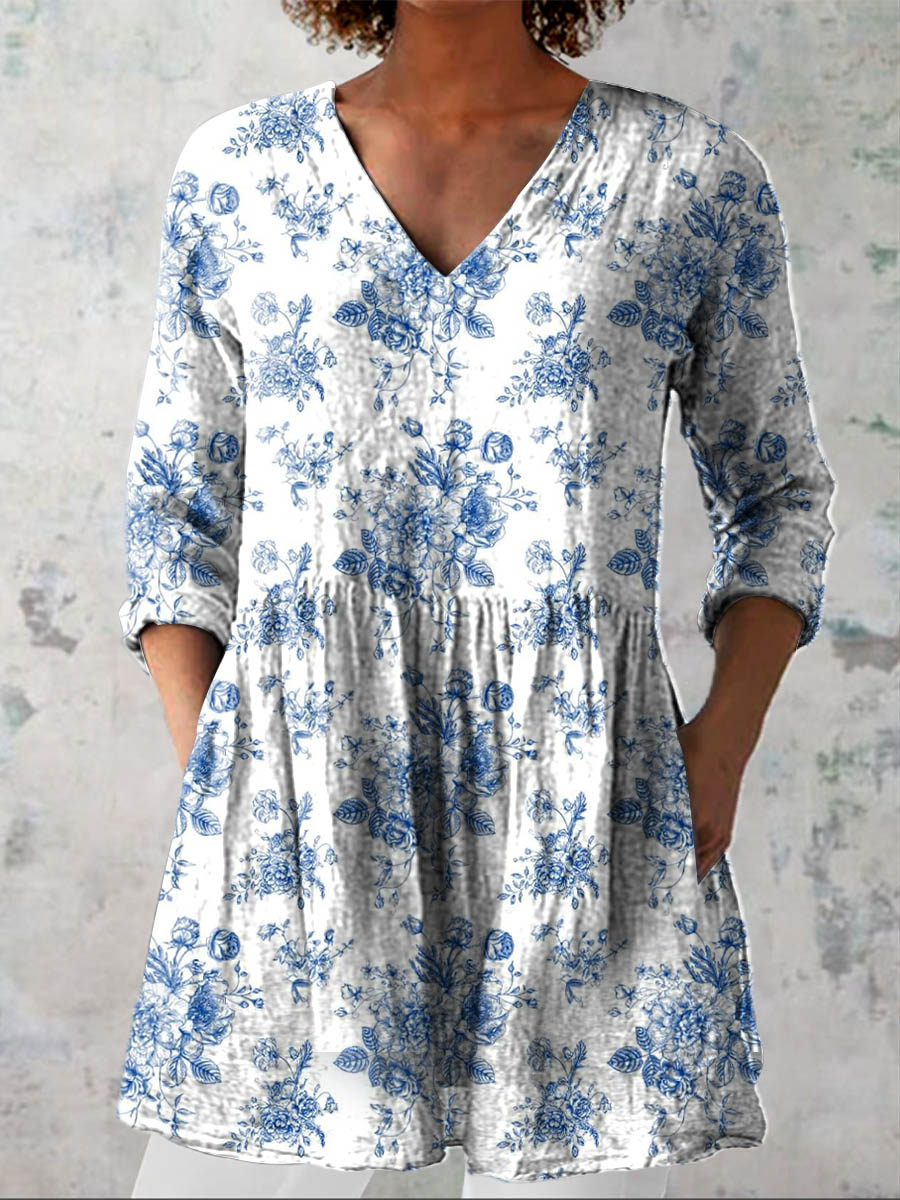 Women's Vintage Lovely Floral Art Print Casual Cotton Linen V-neck Shirt