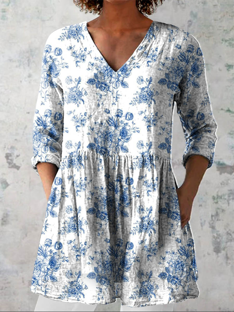 Women's Vintage Lovely Floral Art Print Casual Cotton Linen V-neck Shi