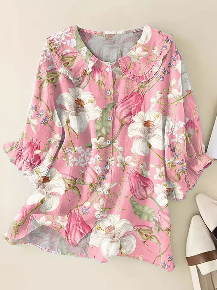 Women's Vintage Floral Art Print Casual Linen V-neck Shirt