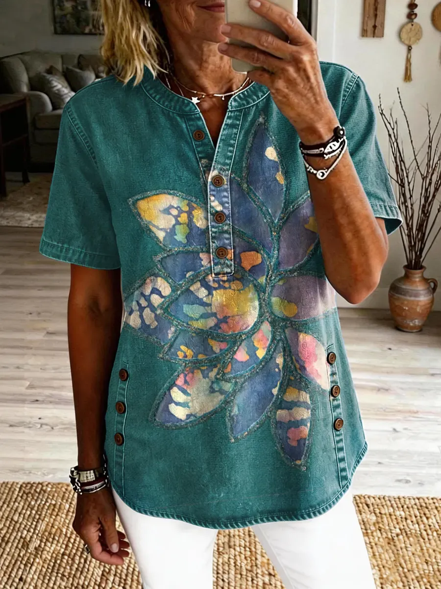 Women's Ethnic Flowers Print Button-down Short-sleeve Denim Shirt