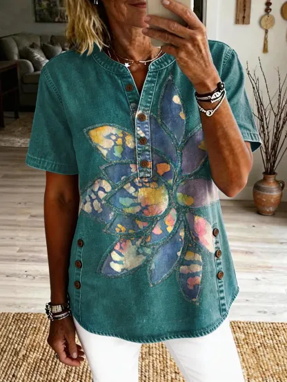 Women's Ethnic Flowers Print Button-down Short-sleeve Denim Shirt