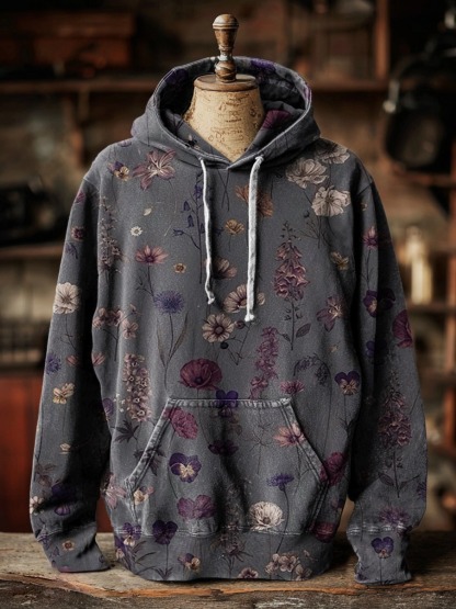 Women's Vintage National Flower Purple Art Print Buttoned Cardigan Sweater