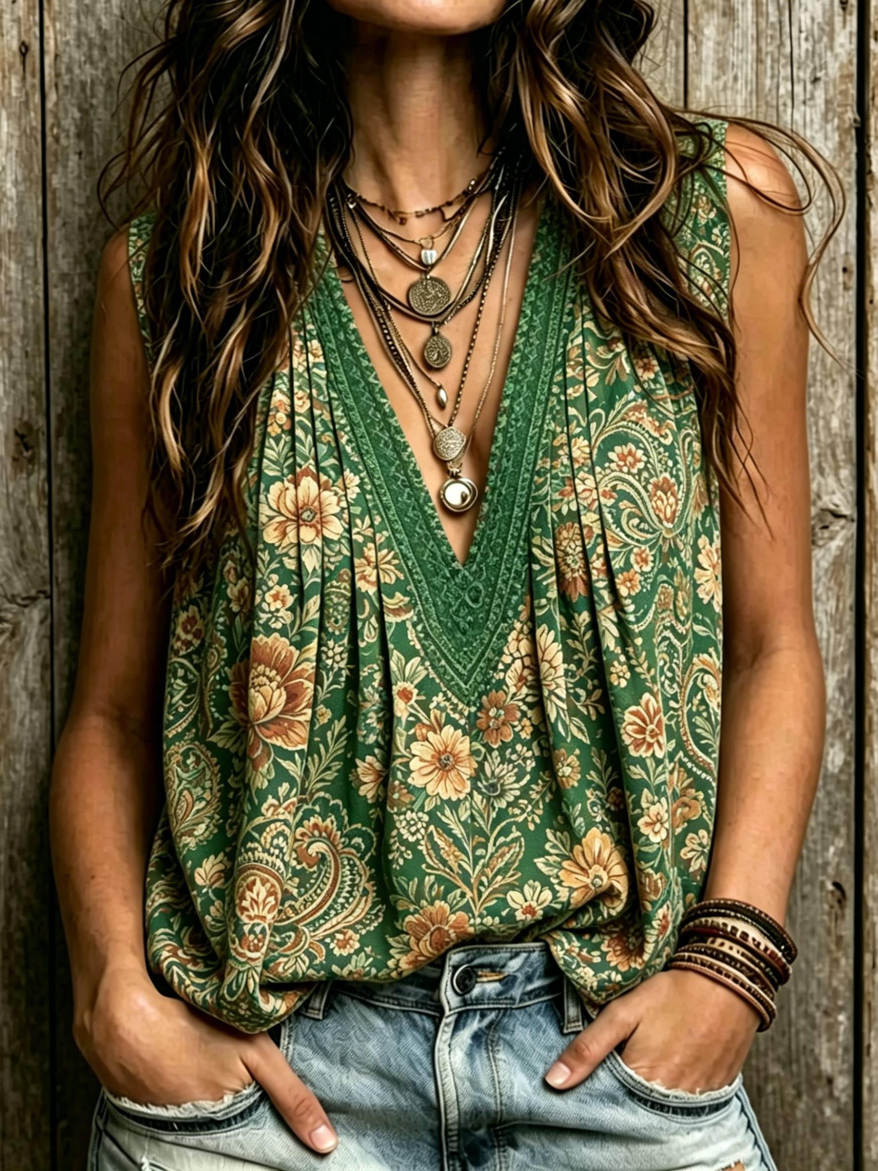 Women's Vintage Ethnic Floral Art Print Casual Sleeveless V-neck Ruched Tank Top
