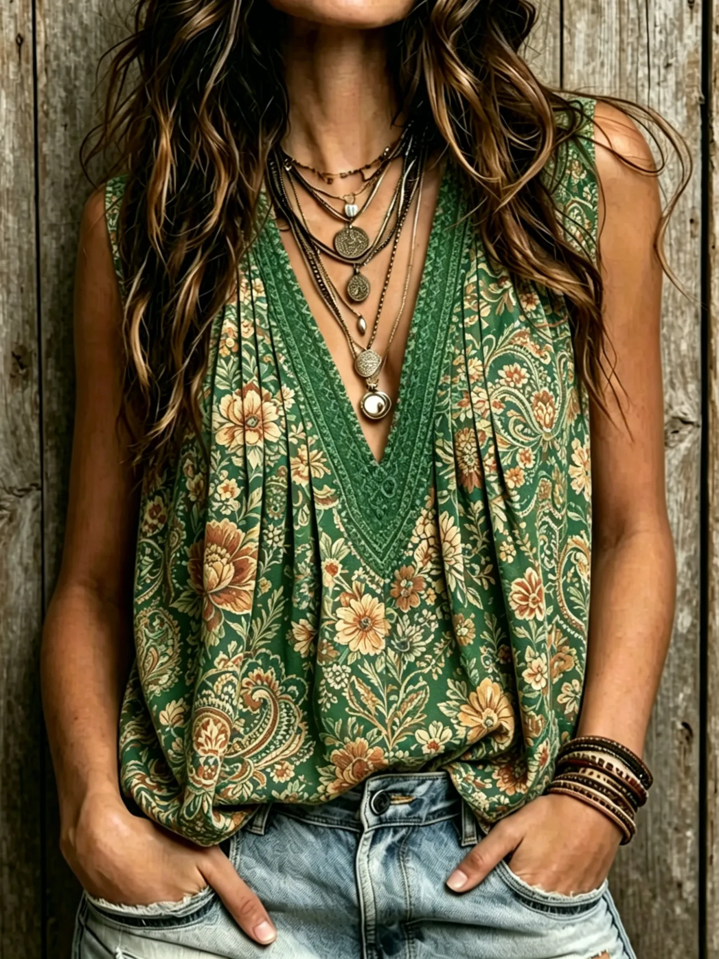 Women's Vintage Ethnic Floral Art Print Casual Sleeveless V-neck Ruched Tank Top