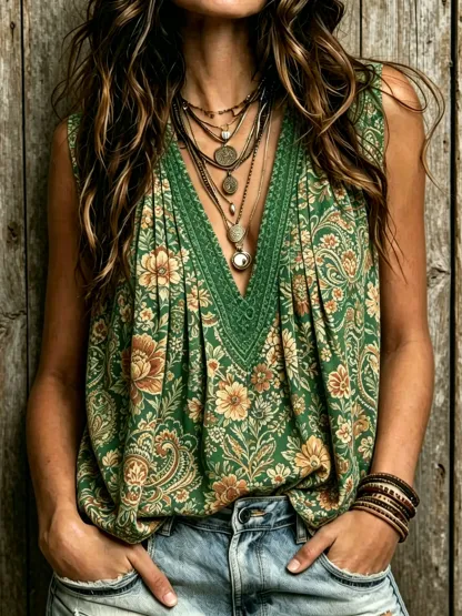 Women's Vintage Ethnic Floral Art Print Casual Sleeveless V-neck Ruched Tank Top