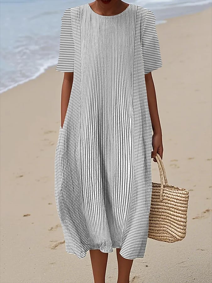 Women's Retro Striped Art Print Casual Round Neck Short Sleeve Dress