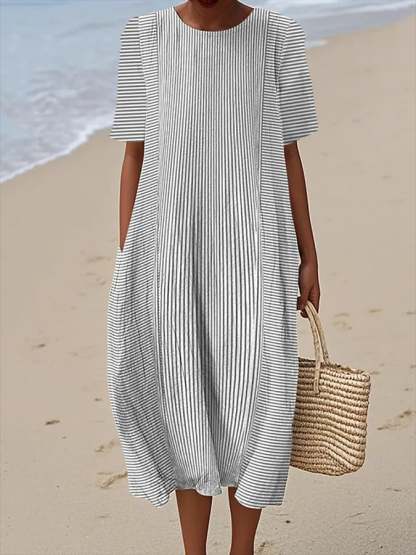 Women's Retro Striped Art Print Casual Round Neck Short Sleeve Dress