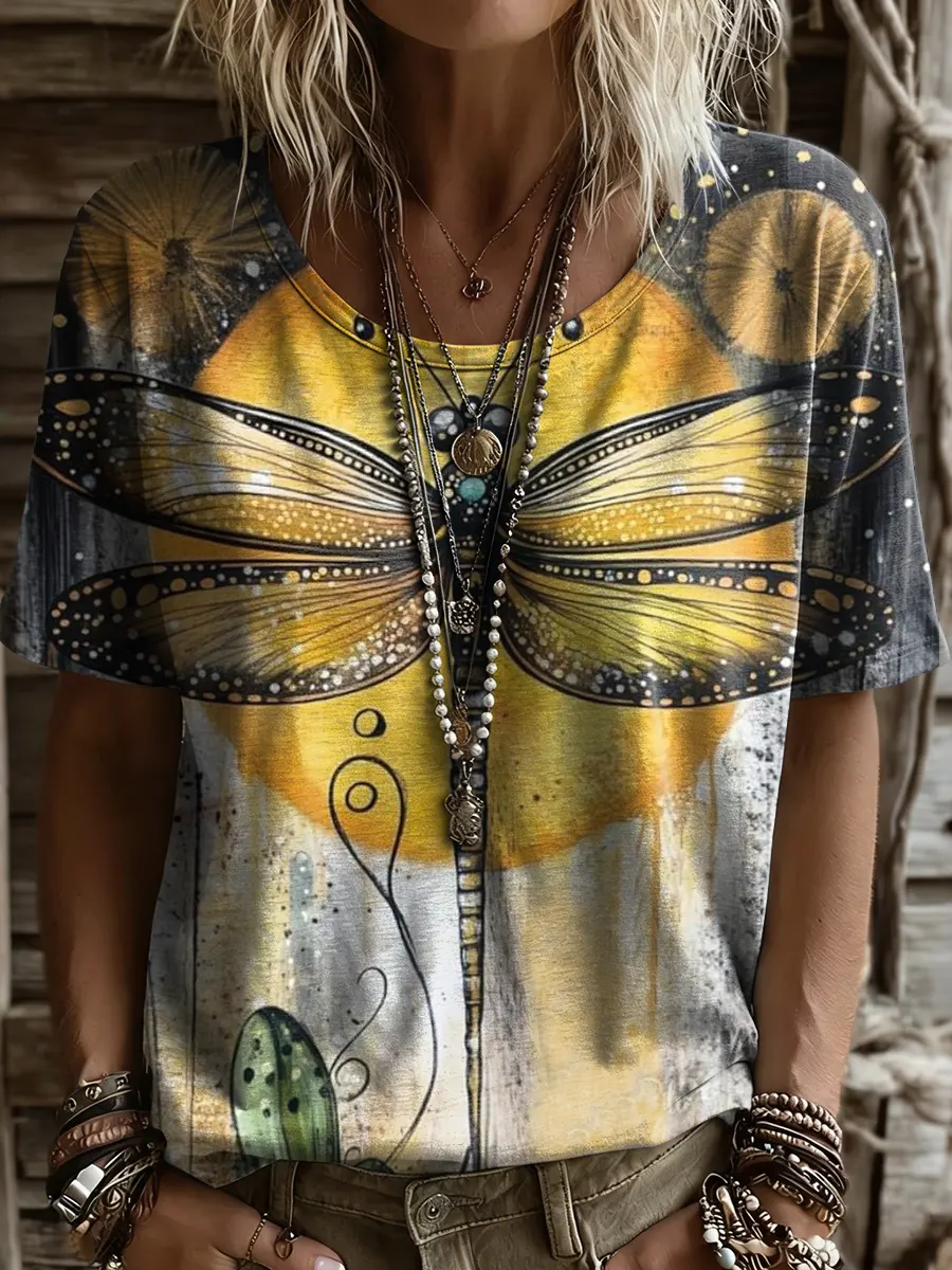 Women's Bohemian Retro Dragonfly Art Print Casual Crew Neck T-Shirt