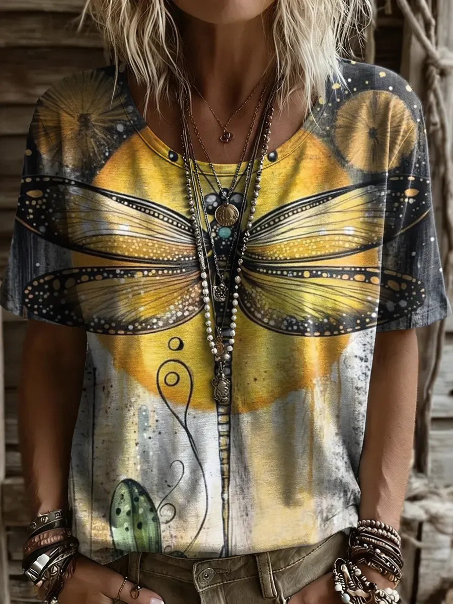 Women's Bohemian Retro Dragonfly Art Print Casual Crew Neck T-Shirt