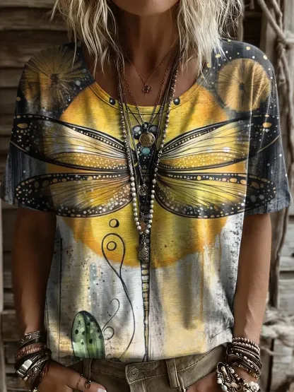 Women's Bohemian Retro Dragonfly Art Print Casual Crew Neck T-Shirt