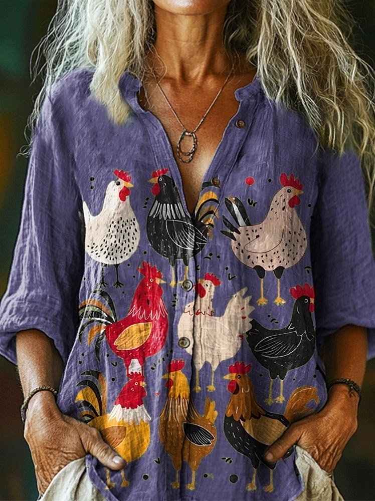 Women's Retro Cute Chicken Art Print Casual Cotton Linen Shirt