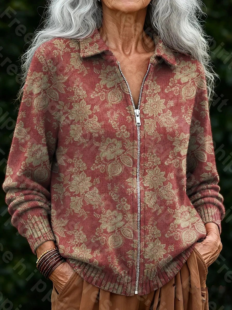 Women's Vintage Ethnic Red Floral Art Print Casual Zipper Cardigan