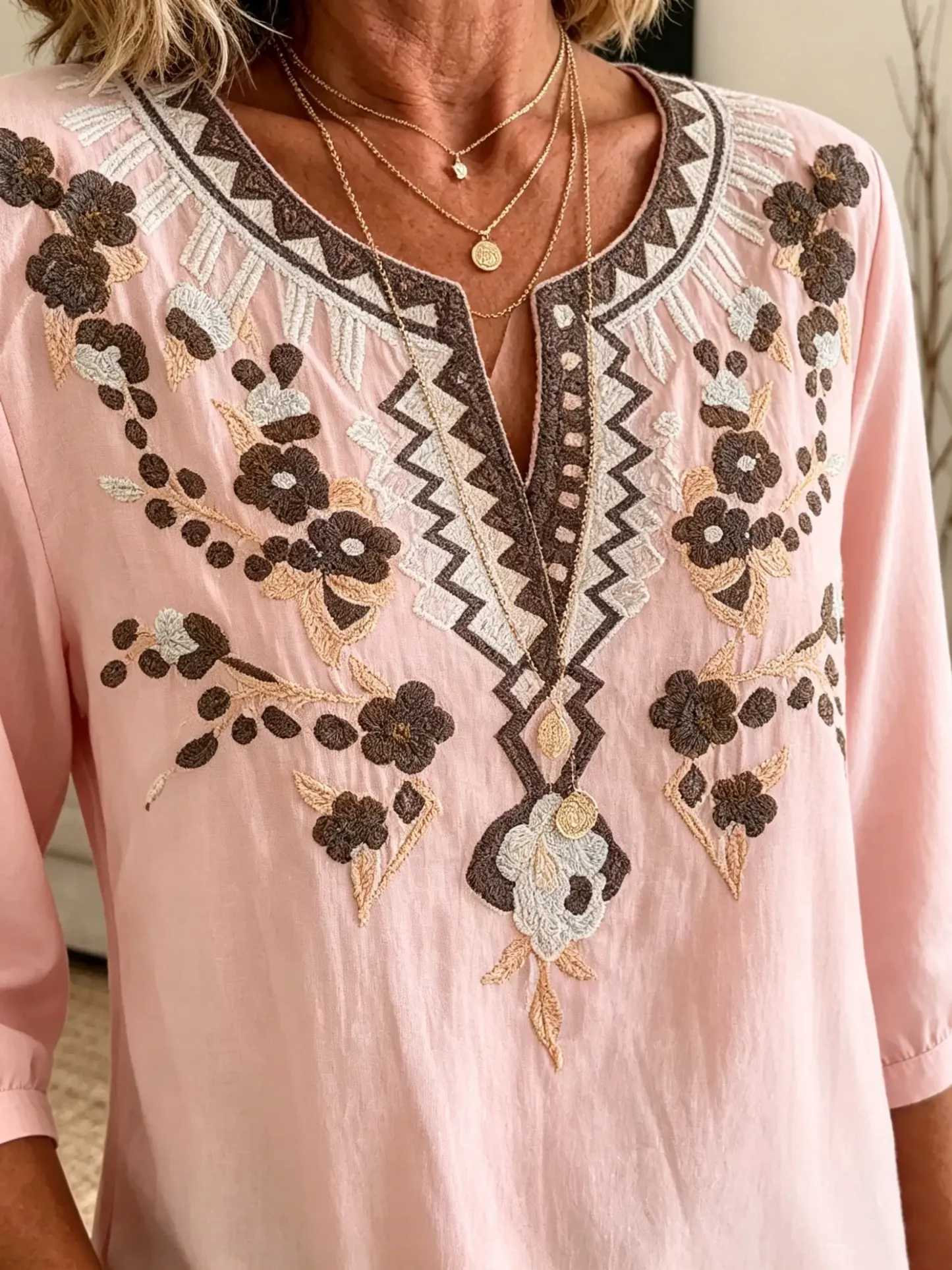 Women's Boho Floral V-Neck 3/4 Sleeve Top