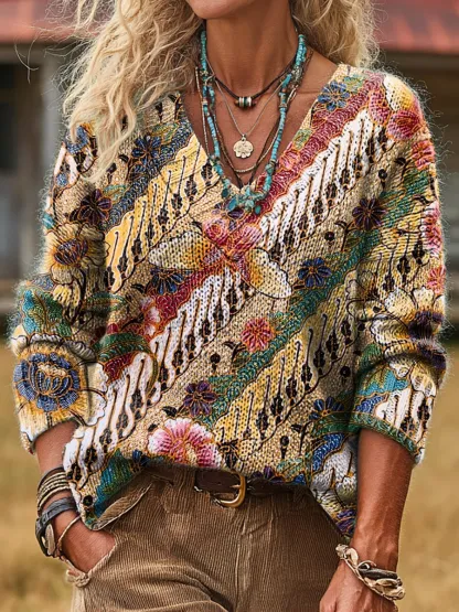 Unisex Retro Ethnic Twill Floral And Butterfly Art Print Casual Long-sleeve V-neck Wool Blend Knit Sweater