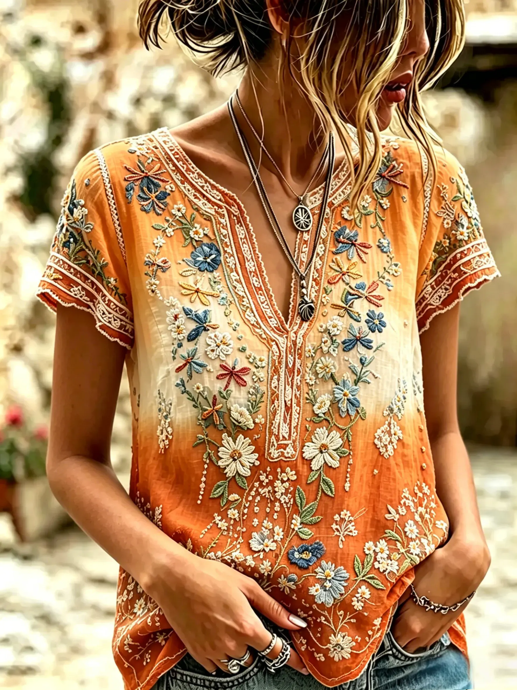 Women's Vintage Floral Textured Art Print Short-Sleeve Top